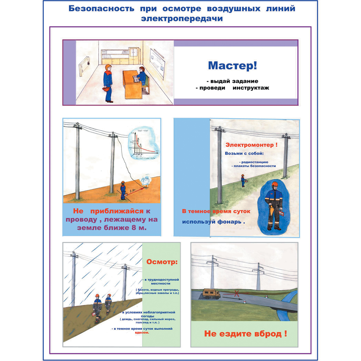 Плакат "Безопасность при осмотре высоковольтных воздушных линий электропередачи и трансформаторных подстанций"