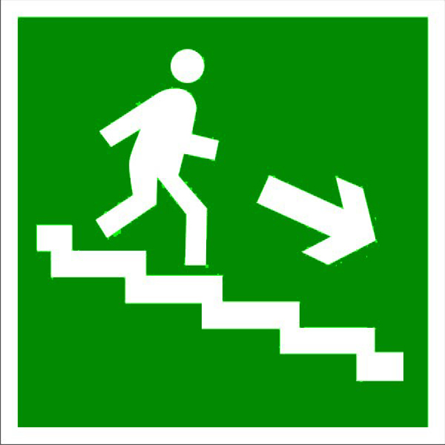 Знак E-13 Направление к эвакуационному выходу по лестнице вниз направо, купить на пленке самоклеющейся, фотолюминесцентный, на пластике