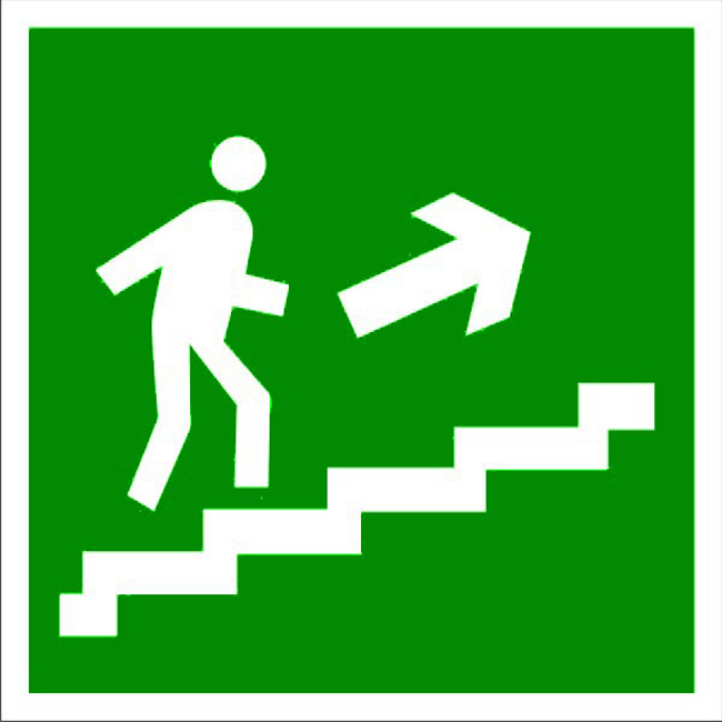 Знак E-15 Направление к эвакуационному выходу по лестнице вверх направо, купить на пленке самоклеющейся, фотолюминесцентный, на пластике